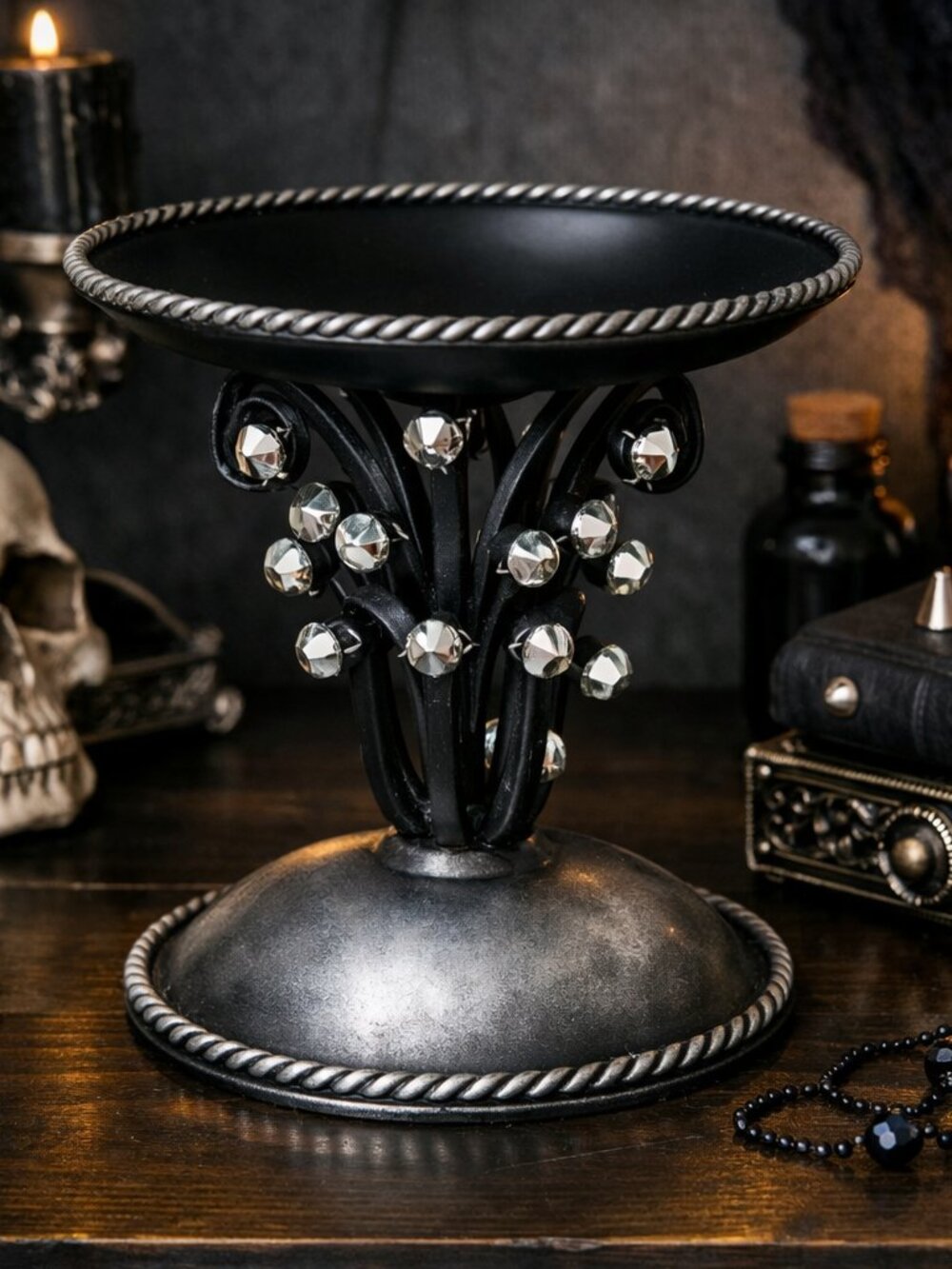 Studded Gothic Candleholder – Black Metal, Silver Studs, Punk Goth Decor